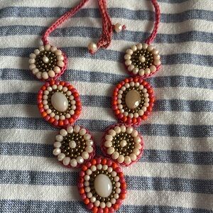 Pink orange and gold woven beaded statement necklace
